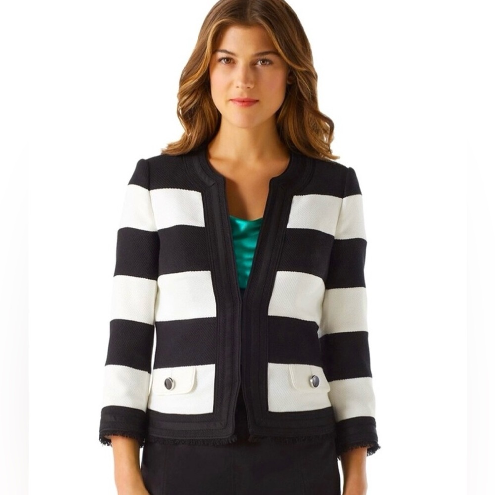 New White House Black Market Blazer Jacket Stripe Fringe Size 14